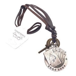 Antique Silver Poker Cards Pendant Tribal Leather Adjustable Necklace